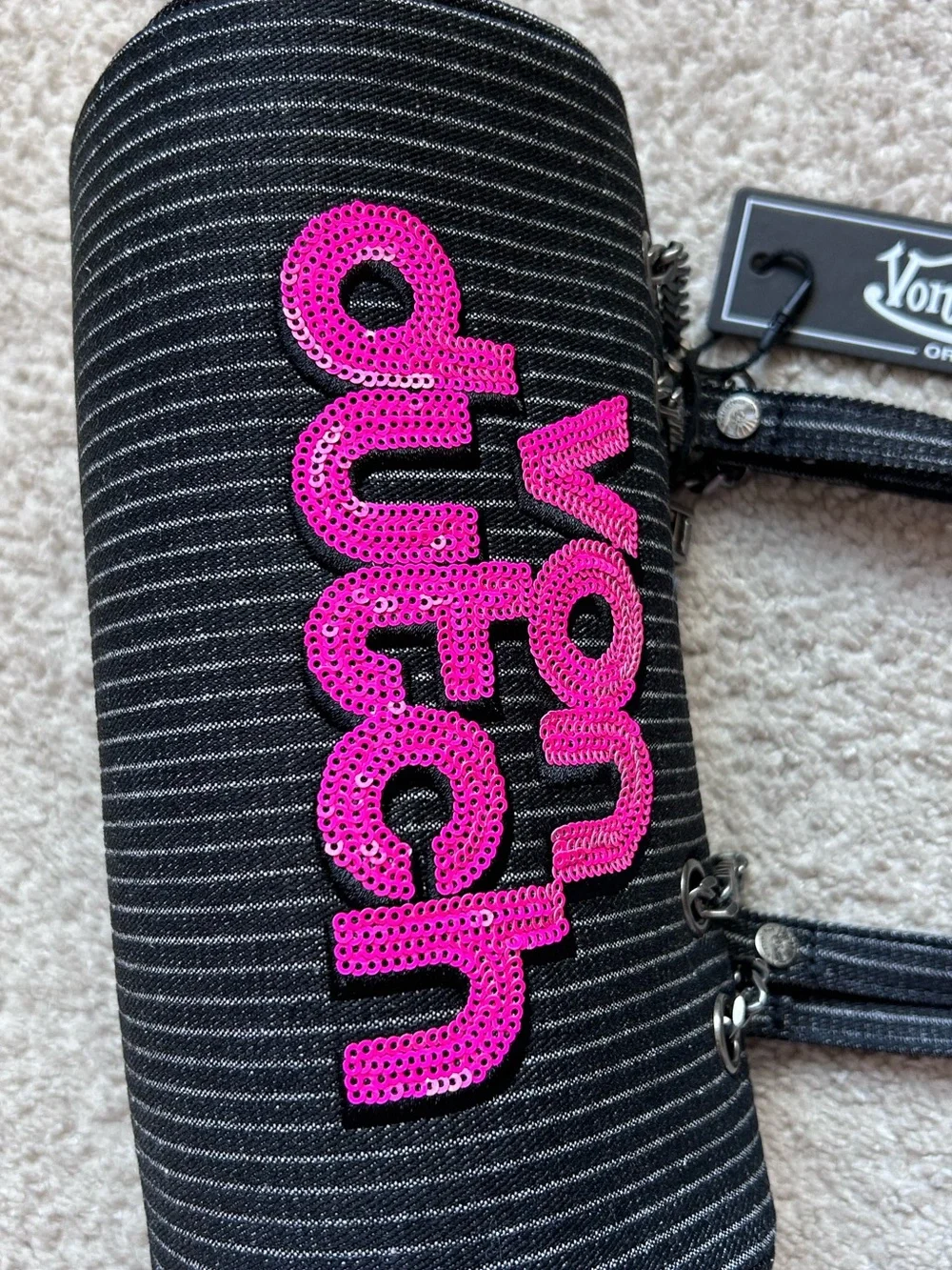 Von Dutch Striped Sequin Logo Long Barrel Bag Black/Pink OS NWT Y2K Streetwear